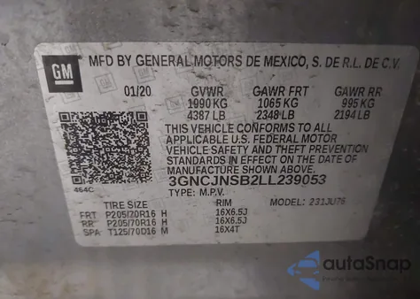 2020 Chevrolet Trax Awd Ls from USA, damaged, VIN 3GNCJNSB2LL239053